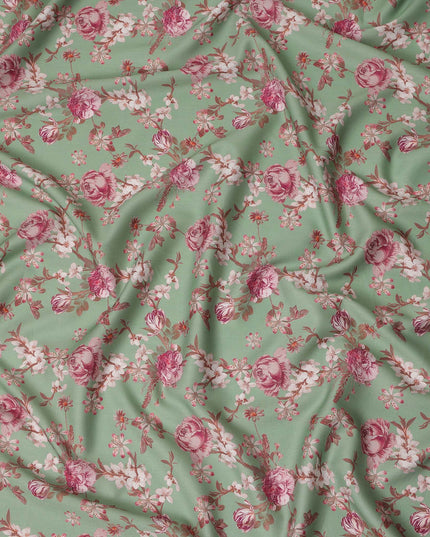 Sage Green Floral Printed Cotton Satin Fabric Soft Smooth Lustrous Apparel Craft Textile 110 Cms Wide India Origin-D27515 - Regal Fabrics