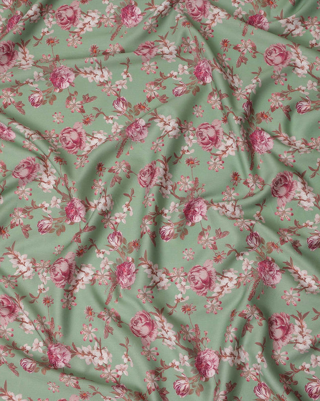 Sage Green Floral Printed Cotton Satin Fabric Soft Smooth Lustrous Apparel Craft Textile 110 Cms Wide India Origin-D27515