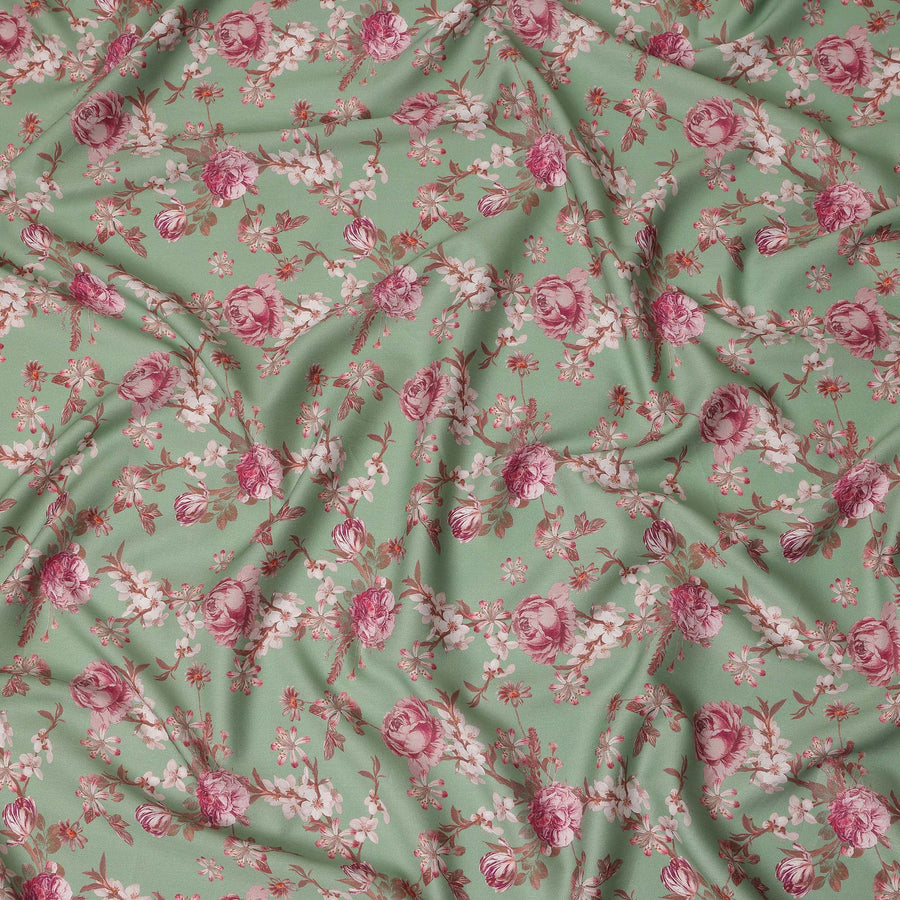 Sage Green Floral Printed Cotton Satin Fabric Soft Smooth Lustrous Apparel Craft Textile 110 Cms Wide India Origin-D27515 - Regal Fabrics