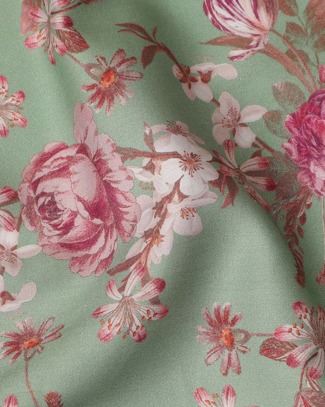 Sage Green Floral Printed Cotton Satin Fabric Soft Smooth Lustrous Apparel Craft Textile 110 Cms Wide India Origin-D27515