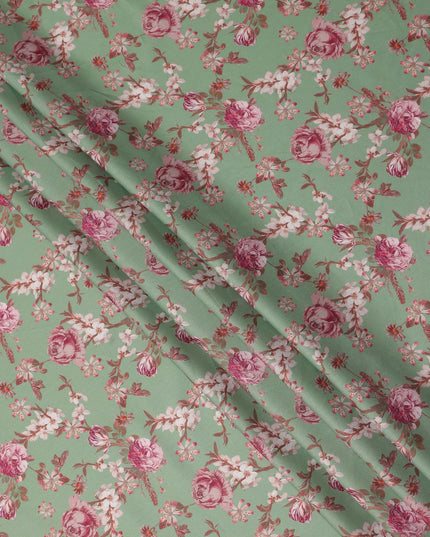 Sage Green Floral Printed Cotton Satin Fabric Soft Smooth Lustrous Apparel Craft Textile 110 Cms Wide India Origin-D27515 - Regal Fabrics