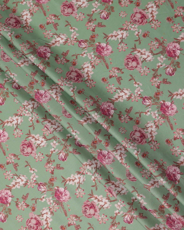 Sage Green Floral Printed Cotton Satin Fabric Soft Smooth Lustrous Apparel Craft Textile 110 Cms Wide India Origin-D27515