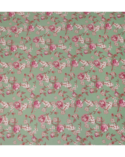 Sage Green Floral Printed Cotton Satin Fabric Soft Smooth Lustrous Apparel Craft Textile 110 Cms Wide India Origin-D27515 - Regal Fabrics