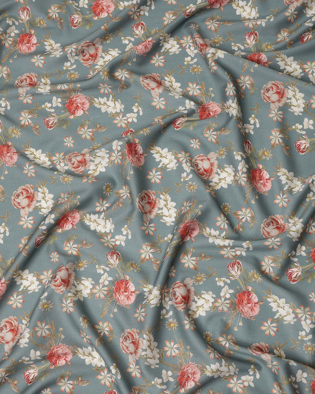 Dusty Blue Floral Printed Cotton Satin Fabric Soft Smooth Lustrous Apparel Craft Textile 110 Cms Wide India Origin-D27513