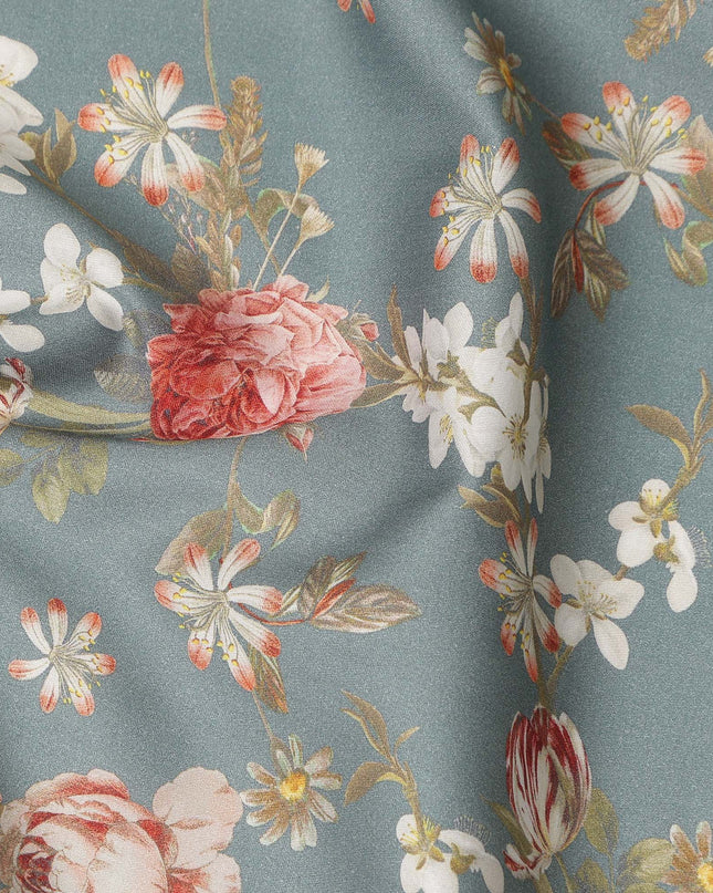 Dusty Blue Floral Printed Cotton Satin Fabric Soft Smooth Lustrous Apparel Craft Textile 110 Cms Wide India Origin-D27513