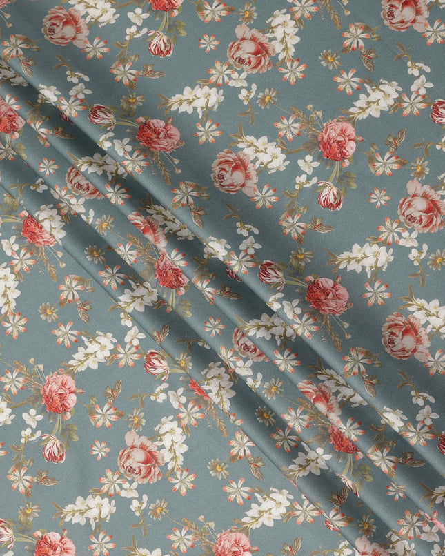Dusty Blue Floral Printed Cotton Satin Fabric Soft Smooth Lustrous Apparel Craft Textile 110 Cms Wide India Origin-D27513