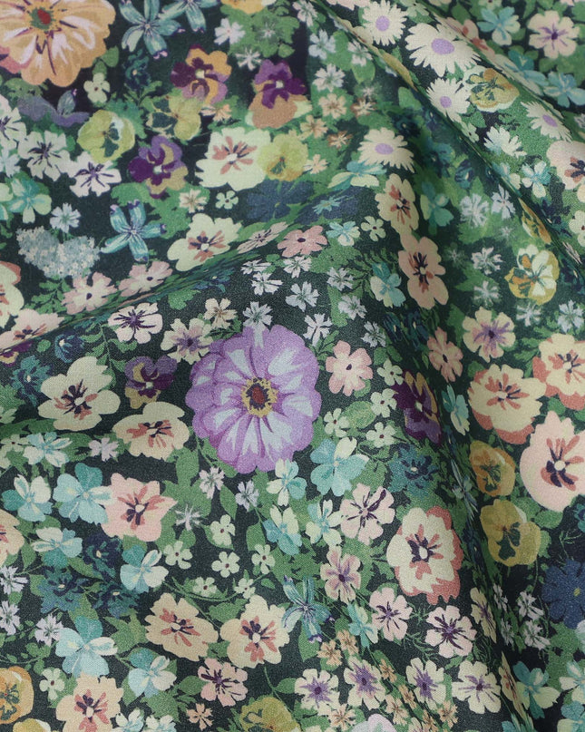 Dark Green Multicolor Floral Print Cotton Lawn Fabric 110 Cms Width Japan-D24980 Regal Fabrics