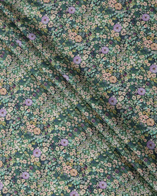 Dark Green Multicolor Floral Print Cotton Lawn Fabric 110 Cms Width Japan-D24980 Regal Fabrics