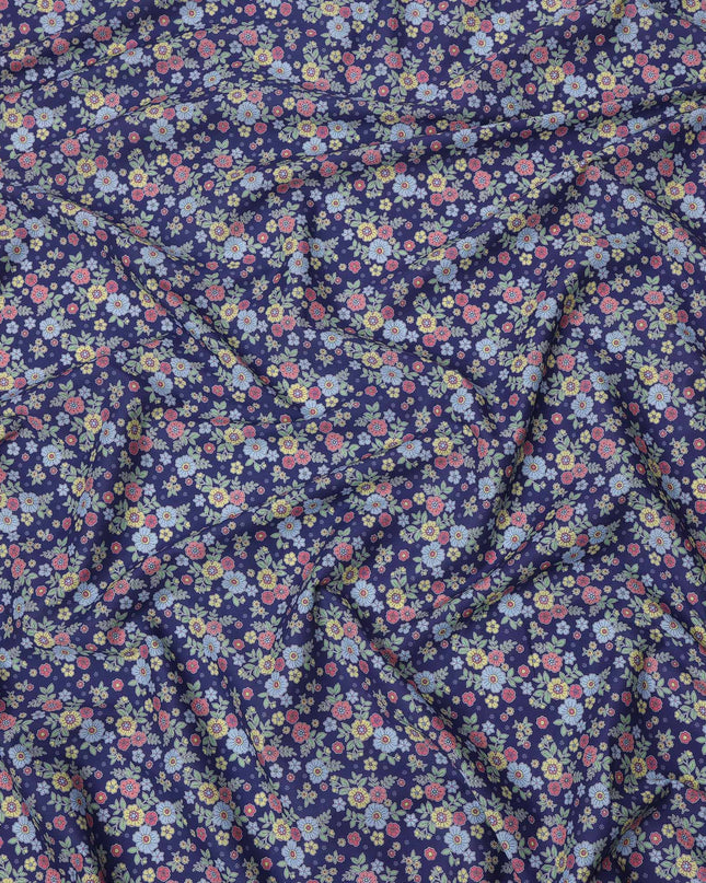 Navy Blue Multicolor Floral Print Cotton Lawn Fabric 110 Cms Width Japan-D24977