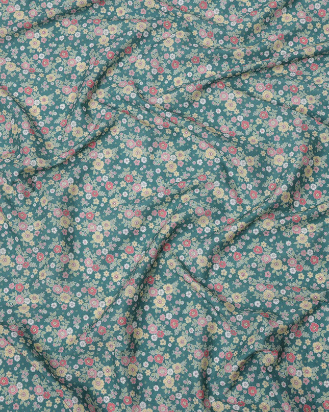 Teal Green Multicolor Floral Print Cotton Lawn Fabric 110 Cms Width Japan-D24978
