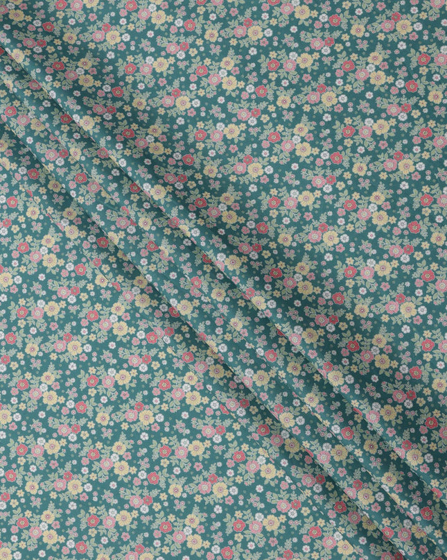 Teal Green Multicolor Floral Print Cotton Lawn Fabric 110 Cms Width Japan-D24978