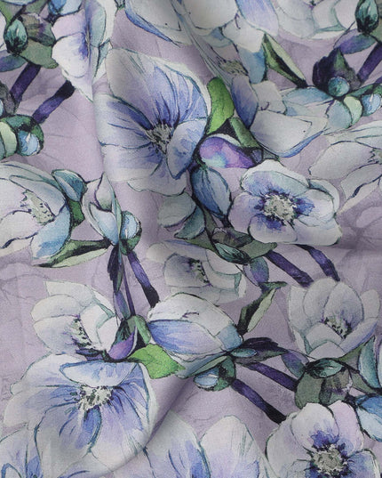 Lavender Floral Printed Cotton Satin Fabric Soft Smooth Lustrous Apparel Textile 110 Cms Wide India Origin-D27517 - Regal Fabrics