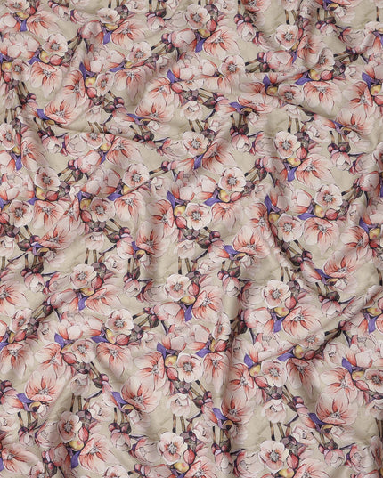 Cream Floral Printed Cotton Satin Fabric Soft Smooth Lustrous Apparel Textile 110 Cms Wide India Origin-D27518 - Regal Fabrics