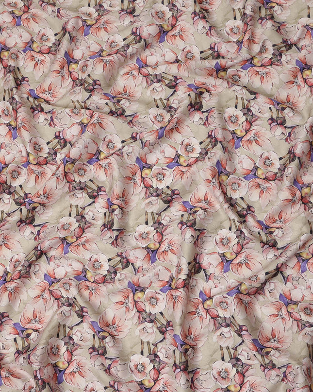 Cream Floral Printed Cotton Satin Fabric Soft Smooth Lustrous Apparel Textile 110 Cms Wide India Origin-D27518