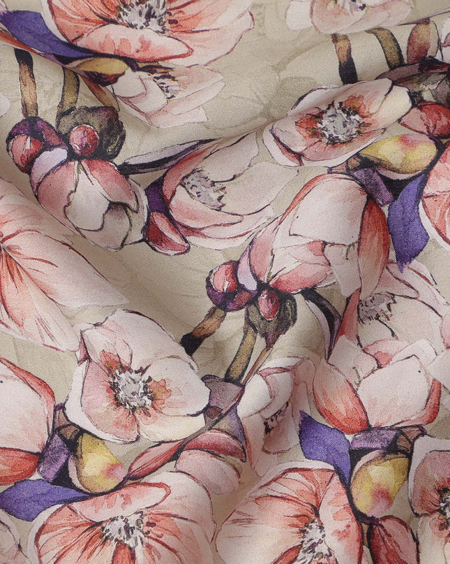Cream Floral Printed Cotton Satin Fabric Soft Smooth Lustrous Apparel Textile 110 Cms Wide India Origin-D27518