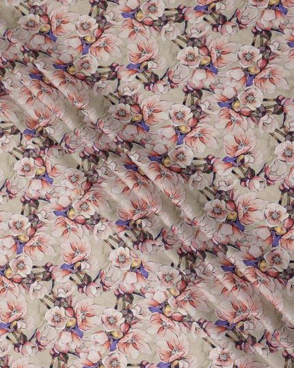 Cream Floral Printed Cotton Satin Fabric Soft Smooth Lustrous Apparel Textile 110 Cms Wide India Origin-D27518 - Regal Fabrics