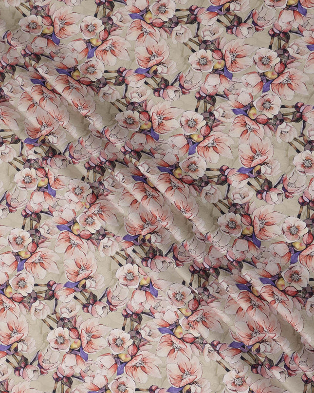 Cream Floral Printed Cotton Satin Fabric Soft Smooth Lustrous Apparel Textile 110 Cms Wide India Origin-D27518