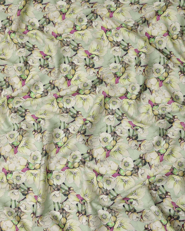Mint Green Floral Printed Cotton Satin Fabric Soft Smooth Lustrous Fashion Textile 110 Cms Wide India Origin-D27516