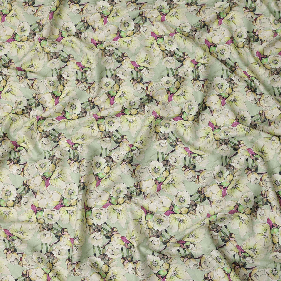 Mint Green Floral Printed Cotton Satin Fabric Soft Smooth Lustrous Fashion Textile 110 Cms Wide India Origin-D27516