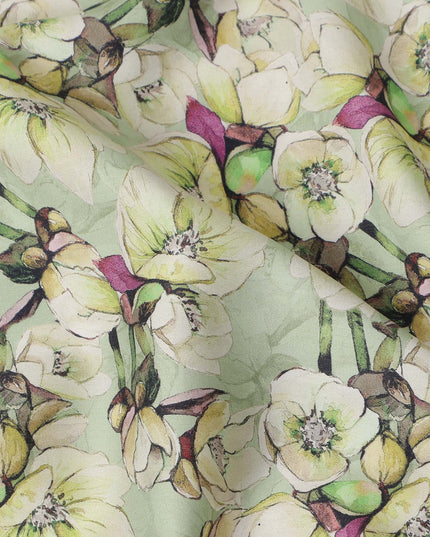 Mint Green Floral Printed Cotton Satin Fabric Soft Smooth Lustrous Fashion Textile 110 Cms Wide India Origin-D27516