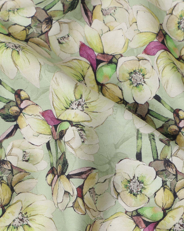 Mint Green Floral Printed Cotton Satin Fabric Soft Smooth Lustrous Fashion Textile 110 Cms Wide India Origin-D27516