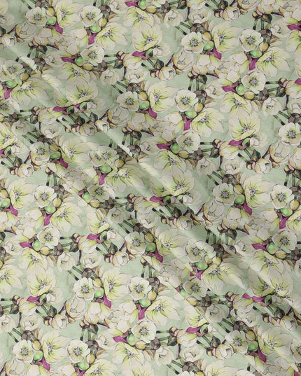 Mint Green Floral Printed Cotton Satin Fabric Soft Smooth Lustrous Fashion Textile 110 Cms Wide India Origin-D27516