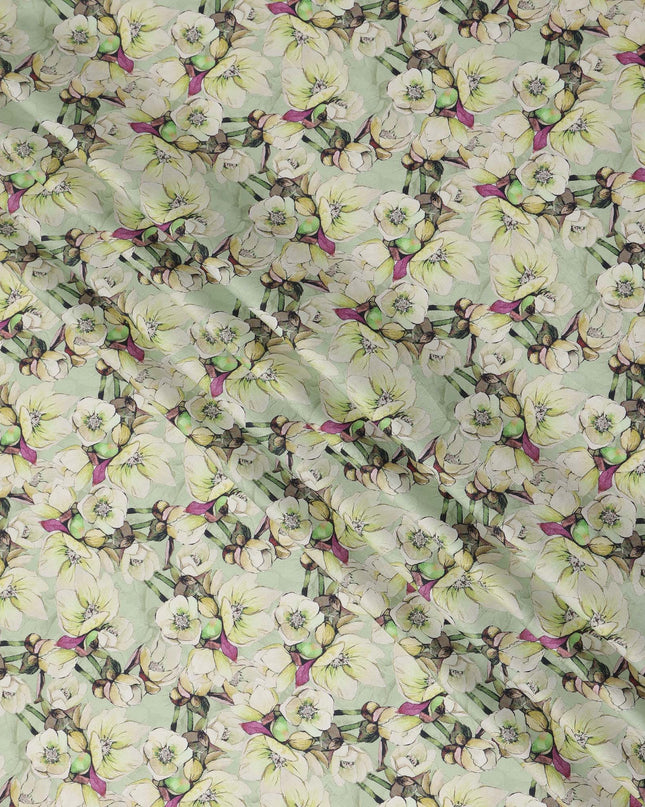 Mint Green Floral Printed Cotton Satin Fabric Soft Smooth Lustrous Fashion Textile 110 Cms Wide India Origin-D27516