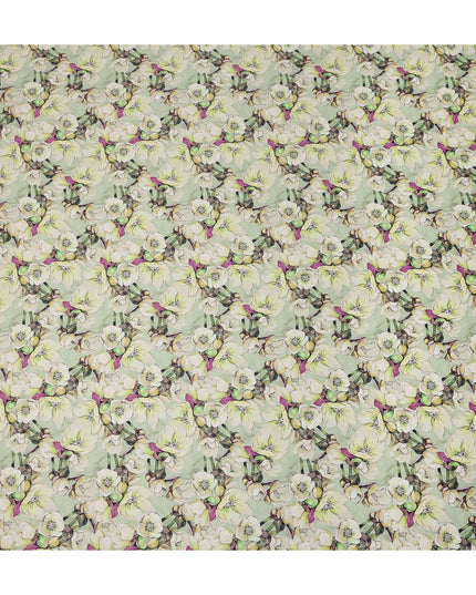Mint Green Floral Printed Cotton Satin Fabric Soft Smooth Lustrous Fashion Textile 110 Cms Wide India Origin-D27516