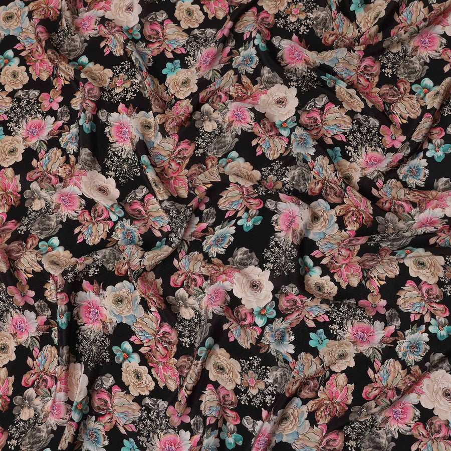 Black Bouquet Floral Printed Viscose Crepe 110cm