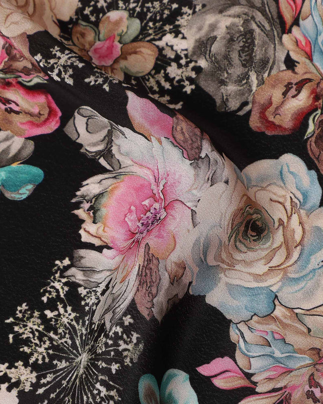 Black Bouquet Floral Printed Viscose Crepe 110cm