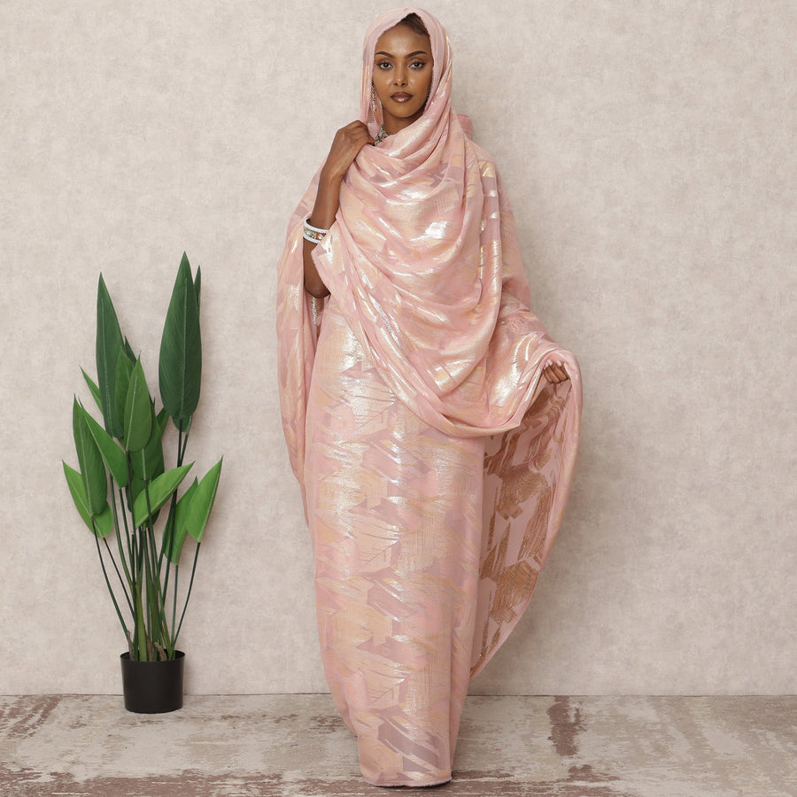ثوب كوري من الشيفون الحريري باللون الوردي الفاتح بتصميم لوركس معدني، طول 4.5 متر، عرض 140 سم، كوريا الجنوبية - D24404