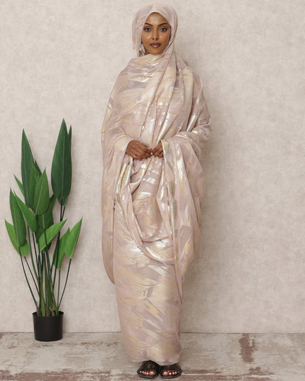 Mauve Beige Premium Silk Chiffon Sudanese Thobe with Metallic Lurex, 4.5 Mtrs Length, Width 140 Cms, South Korea-D24411