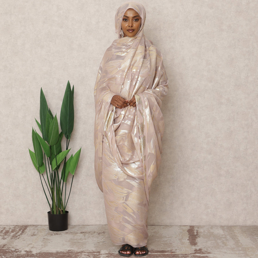 Mauve Beige Premium Silk Chiffon Sudanese Thobe with Metallic Lurex, 4.5 Mtrs Length, Width 140 Cms, South Korea-D24411