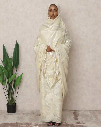 Ivory Cream Premium Silk Chiffon Sudanese Thobe with Metallic Lurex, 4.5 Mtrs Length, Width 140 Cms, South Korea-D24412