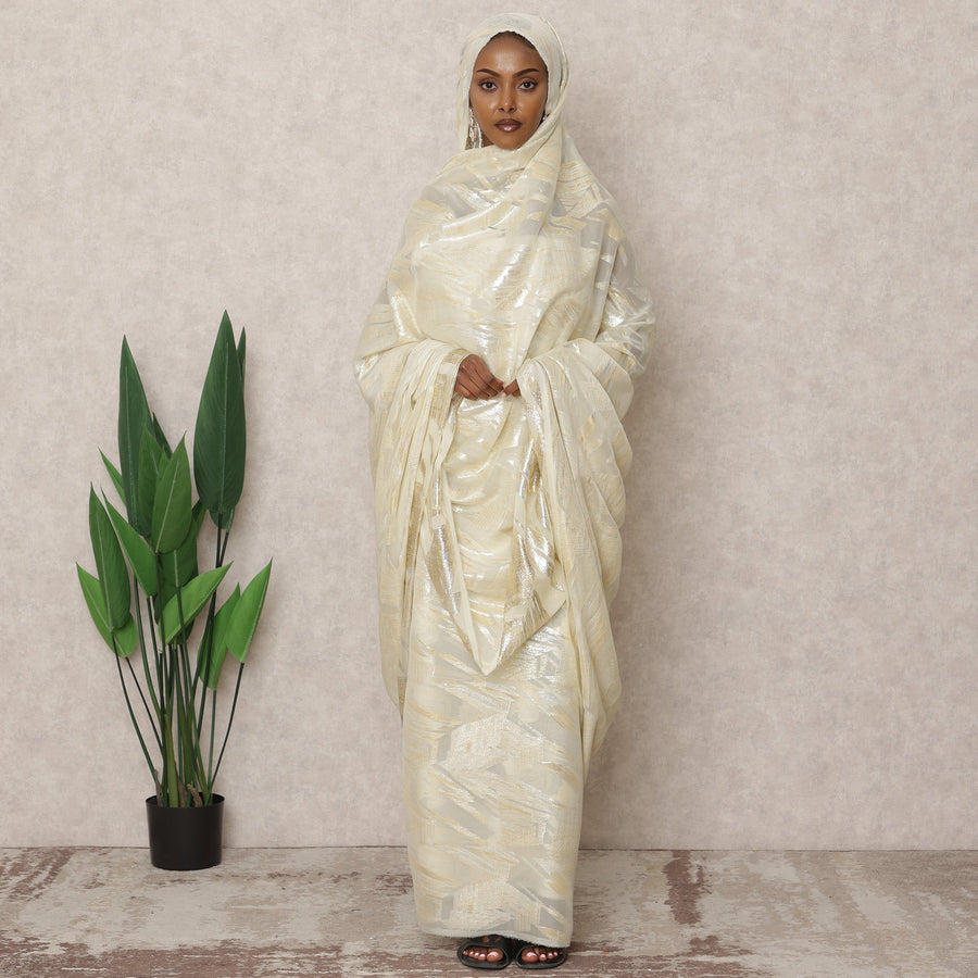Ivory Cream Premium Silk Chiffon Sudanese Thobe with Metallic Lurex, 4.5 Mtrs Length, Width 140 Cms, South Korea-D24412