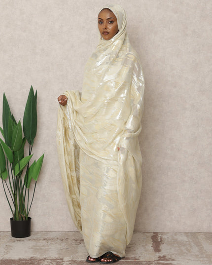 Ivory Cream Premium Silk Chiffon Sudanese Thobe with Metallic Lurex, 4.5 Mtrs Length, Width 140 Cms, South Korea-D24412