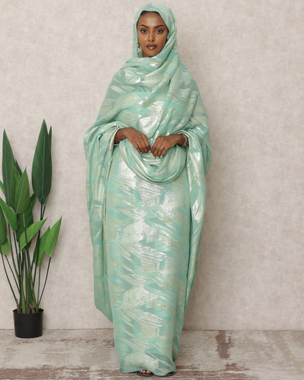 Mint Green Premium Silk Chiffon Thobe with Metallic Lurex, 4.5 Mtrs Length, Width 140 Cms, South Korea-D24406