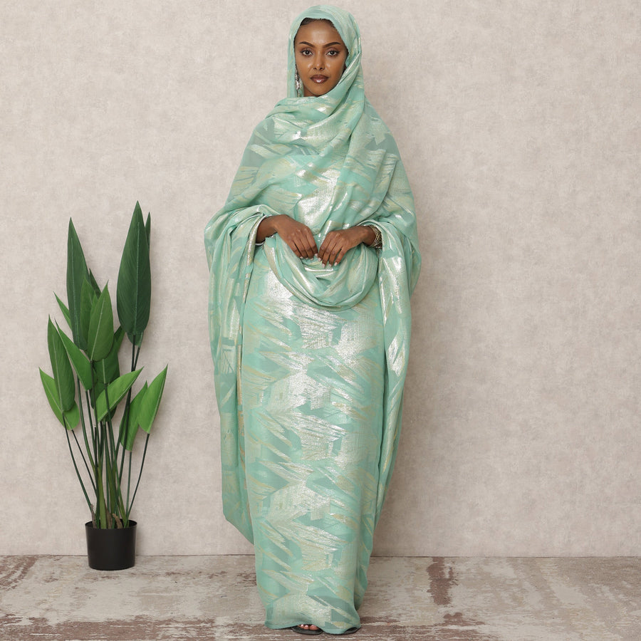 Mint Green Premium Silk Chiffon Thobe with Metallic Lurex, 4.5 Mtrs Length, Width 140 Cms, South Korea-D24406