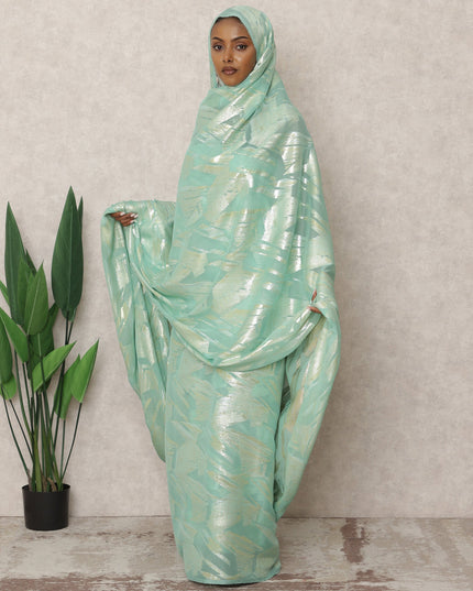 Mint Green Premium Silk Chiffon Thobe with Metallic Lurex, 4.5 Mtrs Length, Width 140 Cms, South Korea-D24406