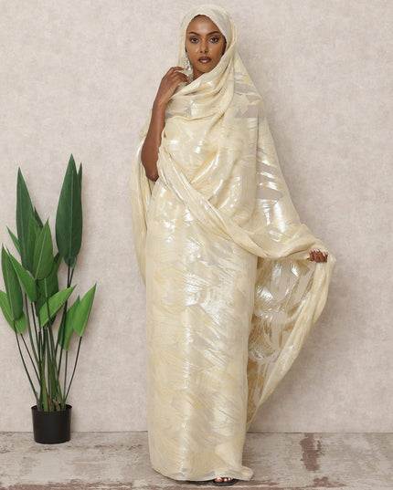 ثوب سوداني من الشيفون الحريري الفاخر بلون كريمي عاجي مع لوركس معدني، طول 4.5 متر، عرض 140 سم، كوريا الجنوبية - D24410