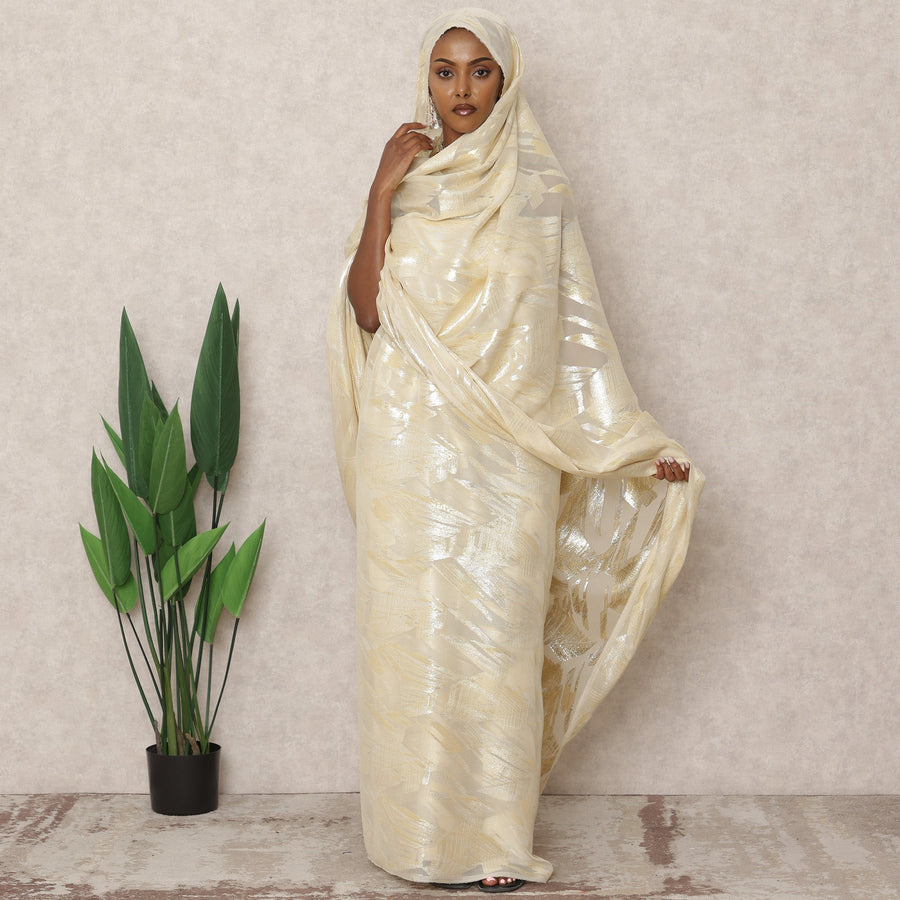 ثوب سوداني من الشيفون الحريري الفاخر بلون كريمي عاجي مع لوركس معدني، طول 4.5 متر، عرض 140 سم، كوريا الجنوبية - D24410