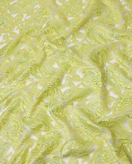 Lime Green synthetic Brocade Fabric with tonal paisley jacquard and sequin highlights, 140 Cms Width, Turkey-D25278