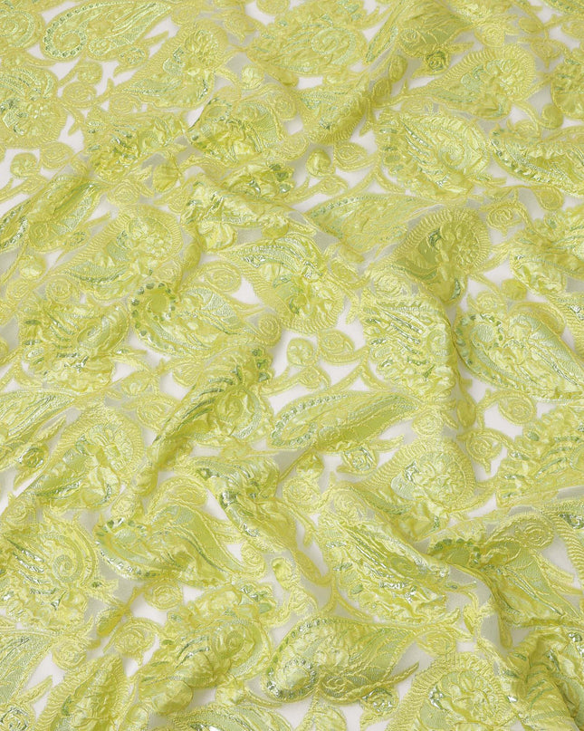 Lime Green synthetic Brocade Fabric with tonal paisley jacquard and sequin highlights, 140 Cms Width, Turkey-D25278
