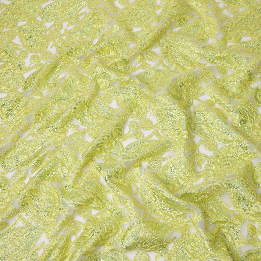 Lime Green synthetic Brocade Fabric with tonal paisley jacquard and sequin highlights, 140 Cms Width, Turkey-D25278