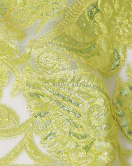 Lime Green synthetic Brocade Fabric with tonal paisley jacquard and sequin highlights, 140 Cms Width, Turkey-D25278