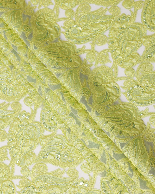 Lime Green synthetic Brocade Fabric with tonal paisley jacquard and sequin highlights, 140 Cms Width, Turkey-D25278