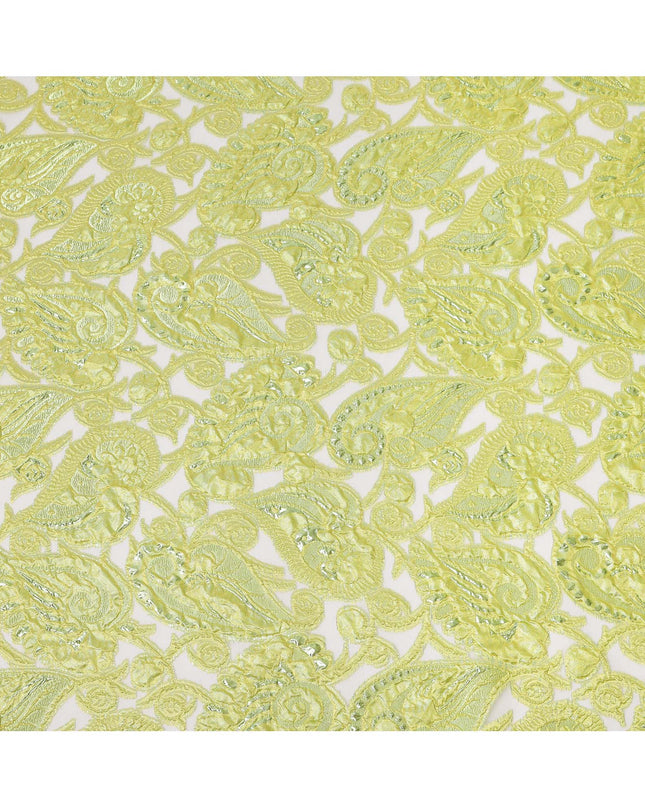 Lime Green synthetic Brocade Fabric with tonal paisley jacquard and sequin highlights, 140 Cms Width, Turkey-D25278