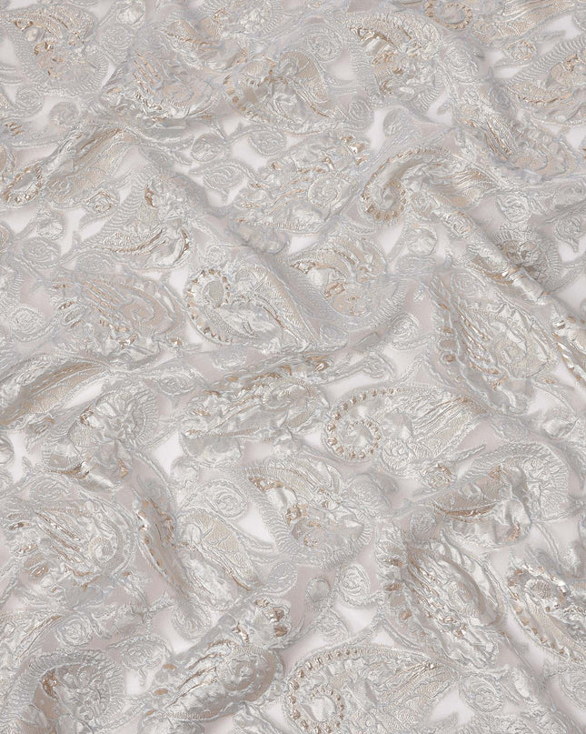Ice Grey synthetic Brocade Fabric with champagne and silver paisley jacquard, 140 Cms Width, Turkey-D25281