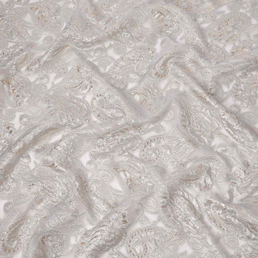 Ice Grey synthetic Brocade Fabric with champagne and silver paisley jacquard, 140 Cms Width, Turkey-D25281