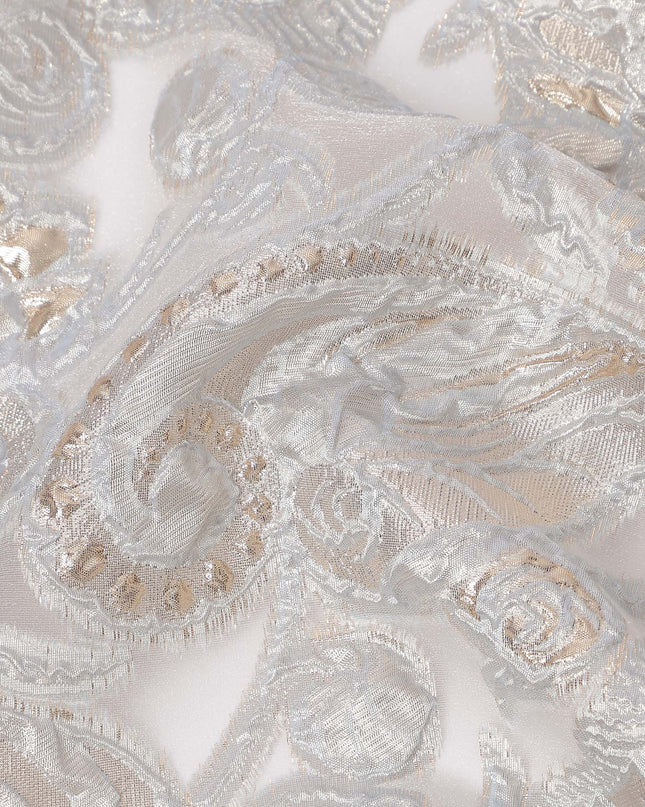 Ice Grey synthetic Brocade Fabric with champagne and silver paisley jacquard, 140 Cms Width, Turkey-D25281